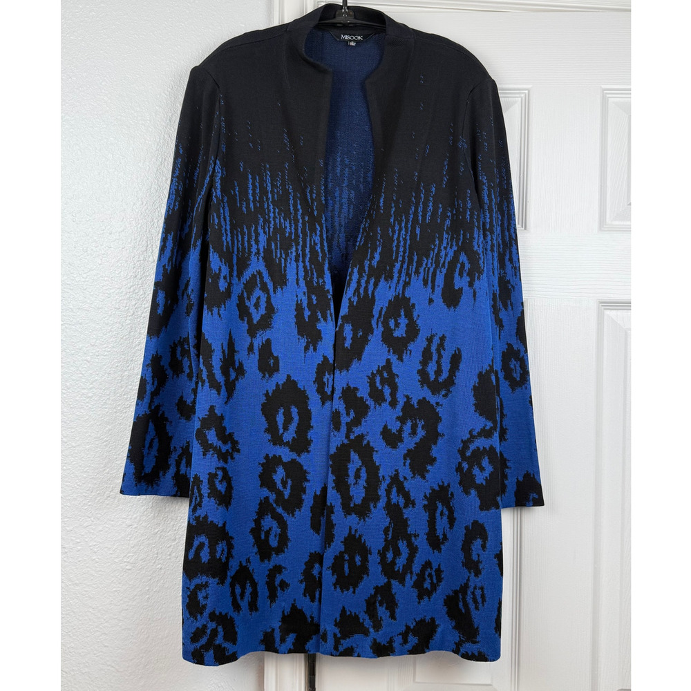 Misook Womens Leopard Print Knit Duster Cardigan Size Large Blue Black Statement